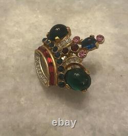 Extremely Rare Trifari Alfred Philippe Emerald Ruby Rhinestone Crown Brooch Pin