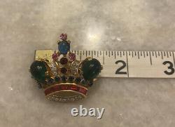 Extremely Rare Trifari Alfred Philippe Emerald Ruby Rhinestone Crown Brooch Pin