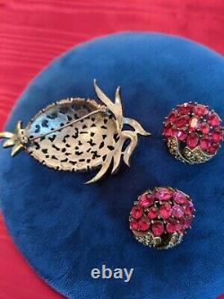 Fab Vtg Signed Crown Trifari Alfred Philippe Brooch Earring Set Fuchsia Stones