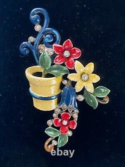 Fabulous Crown Trifari A. Philippe Enamel Crystal Rhinestone Flower Pot Fur Clip