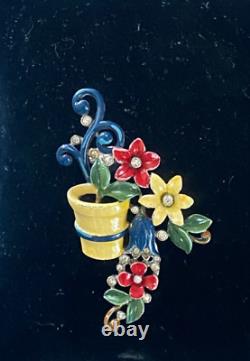Fabulous Crown Trifari A. Philippe Enamel Crystal Rhinestone Flower Pot Fur Clip
