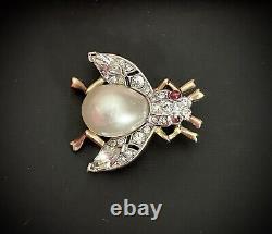 Gorgeous Scarce Alfred Philippe Trifari Faux Pearl Belly Pave Fly Bug Pin Brooch