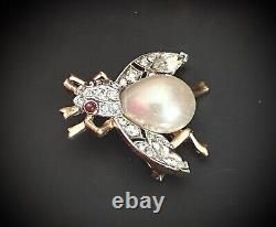 Gorgeous Scarce Alfred Philippe Trifari Faux Pearl Belly Pave Fly Bug Pin Brooch