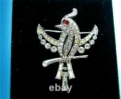 Gorgeous Vintage Crown Trifari Alfred Philippe Pave' Red Cab Eye Bird Brooch Th4