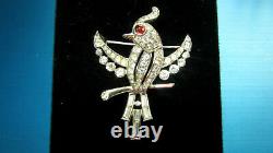 Gorgeous Vintage Crown Trifari Alfred Philippe Pave' Red Cab Eye Bird Brooch Th4