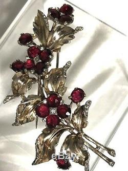 Huge Crown Trifari Alfred Philippe Sterling Vermiel Ruby Rhinestone Flower Pin
