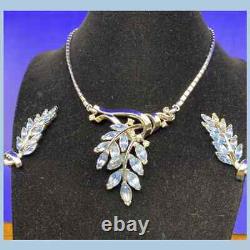 Important Alfred Philippe Trifari Earring Necklace Set Silver Tone Light Blue