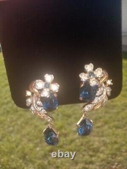 Important Crown Trifari Alfred Philippe Rhinestone Earrings large Blue Gem OMG