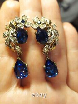 Important Crown Trifari Alfred Philippe Rhinestone Earrings large Blue Gem OMG