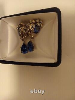 Important Crown Trifari Alfred Philippe Rhinestone Earrings large Blue Gem OMG