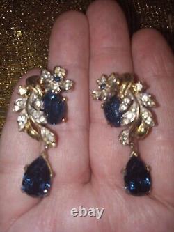 Important Crown Trifari Alfred Philippe Rhinestone Earrings large Blue Gem OMG