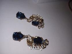 Important Crown Trifari Alfred Philippe Rhinestone Earrings large Blue Gem OMG