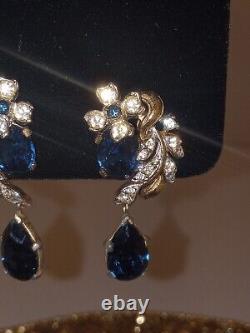 Important Crown Trifari Alfred Philippe Rhinestone Earrings large Blue Gem OMG