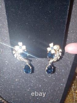 Important Crown Trifari Alfred Philippe Rhinestone Earrings large Blue Gem OMG