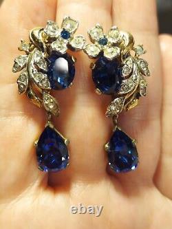Important Crown Trifari Alfred Philippe Rhinestone Earrings large Blue Gem OMG