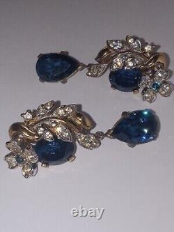 Important Crown Trifari Alfred Philippe Rhinestone Earrings large Blue Gem OMG