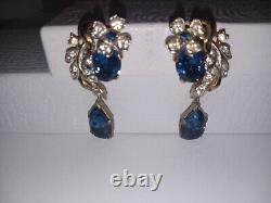 Important Crown Trifari Alfred Philippe Rhinestone Earrings large Blue Gem OMG