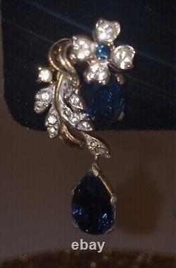 Important Crown Trifari Alfred Philippe Rhinestone Earrings large Blue Gem OMG