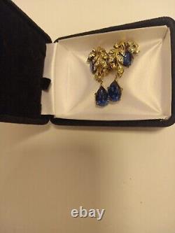 Important Crown Trifari Alfred Philippe Rhinestone Earrings large Blue Gem OMG