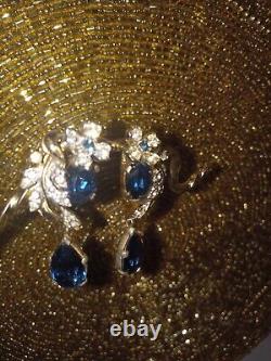 Important Crown Trifari Alfred Philippe Rhinestone Earrings large Blue Gem OMG