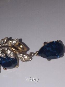 Important Crown Trifari Alfred Philippe Rhinestone Earrings large Blue Gem OMG