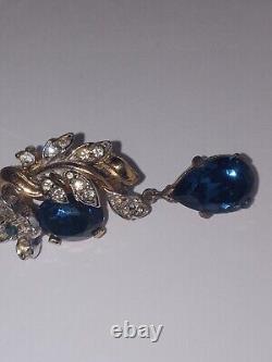 Important Crown Trifari Alfred Philippe Rhinestone Earrings large Blue Gem OMG