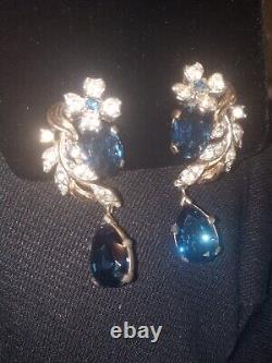 Important Crown Trifari Alfred Philippe Rhinestone Earrings large Blue Gem OMG