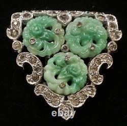 KTF Trifari Alfred Philippe 1930s Ming Series Pave RNSTN Carved Jade Dress Clip