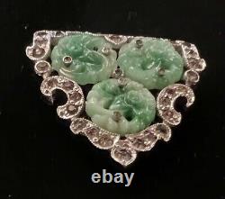 KTF Trifari Alfred Philippe 1930s Ming Series Pave RNSTN Carved Jade Dress Clip