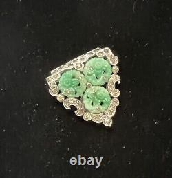 KTF Trifari Alfred Philippe 1930s Ming Series Pave RNSTN Carved Jade Dress Clip