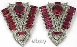 KTF Trifari'Alfred Philippe' Deco Pave and Ruby Pair of Chevron Dress Clips