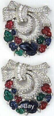 KTF Trifari'Alfred Philippe' Pair of Deco Fruit Salad Pave Bow Swirl Pin Clips
