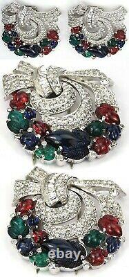 KTF Trifari'Alfred Philippe' Pair of Deco Fruit Salad Pave Bow Swirl Pin Clips
