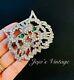 KTF Trifari Alfred Philippe Pave Crystal Openwork Emerald Cabochon Cat Face Pin