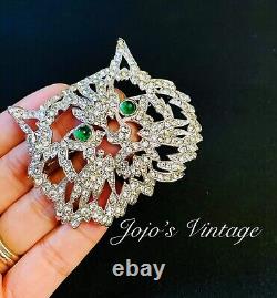 KTF Trifari Alfred Philippe Pave Crystal Openwork Emerald Cabochon Cat Face Pin