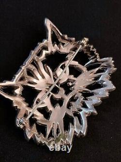 KTF Trifari Alfred Philippe Pave Crystal Openwork Emerald Cabochon Cat Face Pin