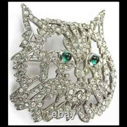 KTF Trifari Alfred Philippe Pave Crystal Openwork Emerald Cabochon Cat Face Pin