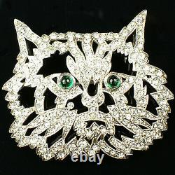 KTF Trifari'Alfred Philippe' Pave and Emerald Cabochon Eyes Cat Face Pin