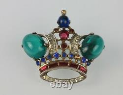 Large 1940s Trifari Sterling Silver Alfred Philippe Jeweled Crown Brooch #137542
