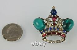 Large 1940s Trifari Sterling Silver Alfred Philippe Jeweled Crown Brooch #137542