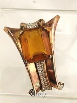 Large Crown Trifari Alfred Philippe Sterling Silver Huge Amber Stone Fur Pin