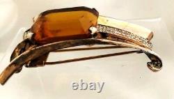 Large Crown Trifari Alfred Philippe Sterling Silver Huge Amber Stone Fur Pin