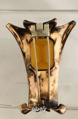 Large Crown Trifari Alfred Philippe Sterling Silver Huge Amber Stone Fur Pin