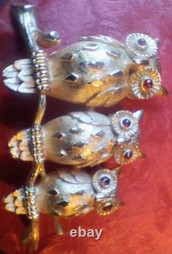 Mint Trio Of Owls VTG 1964 Book Piece Signed Crown Trifari Alfred Philippe Era