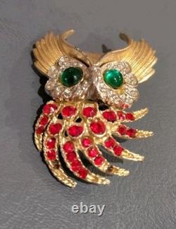 RARE 1960'S TRIFARI Alfred Philippe'FIREBIRDS' Rhinestones Owl Brooch Pin