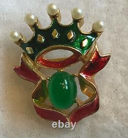 RARE A. Philippe Trifari Crown Pin Faux Pearls, Red Coronation Ribbon, Green Cab