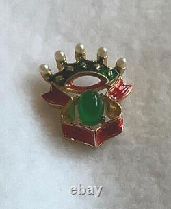 RARE A. Philippe Trifari Crown Pin Faux Pearls, Red Coronation Ribbon, Green Cab