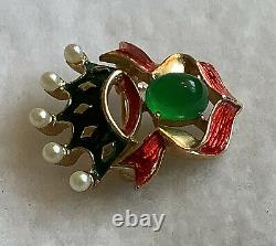 RARE A. Philippe Trifari Crown Pin Faux Pearls, Red Coronation Ribbon, Green Cab