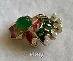 RARE A. Philippe Trifari Crown Pin Faux Pearls, Red Coronation Ribbon, Green Cab