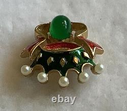 RARE A. Philippe Trifari Crown Pin Faux Pearls, Red Coronation Ribbon, Green Cab